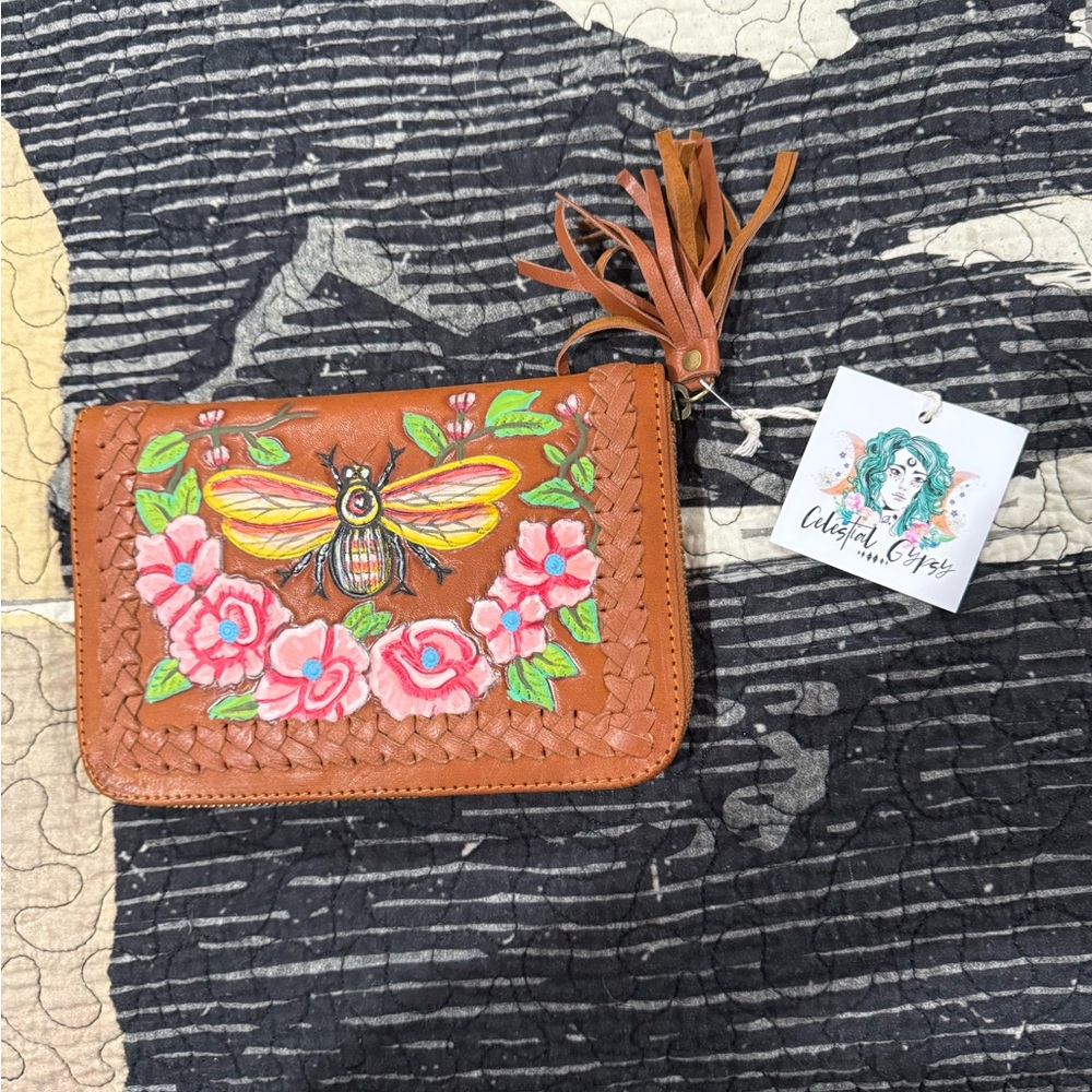 NWT Hand-painted leather bee wallet by the brand Celestial Gypsy See description